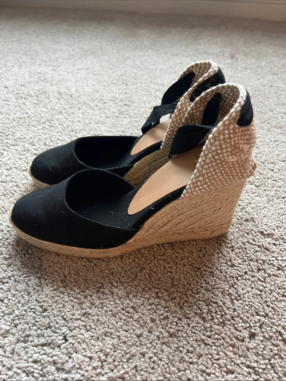 Castaner Black Canvas Espadrille Wedges with Ankle Wrap
